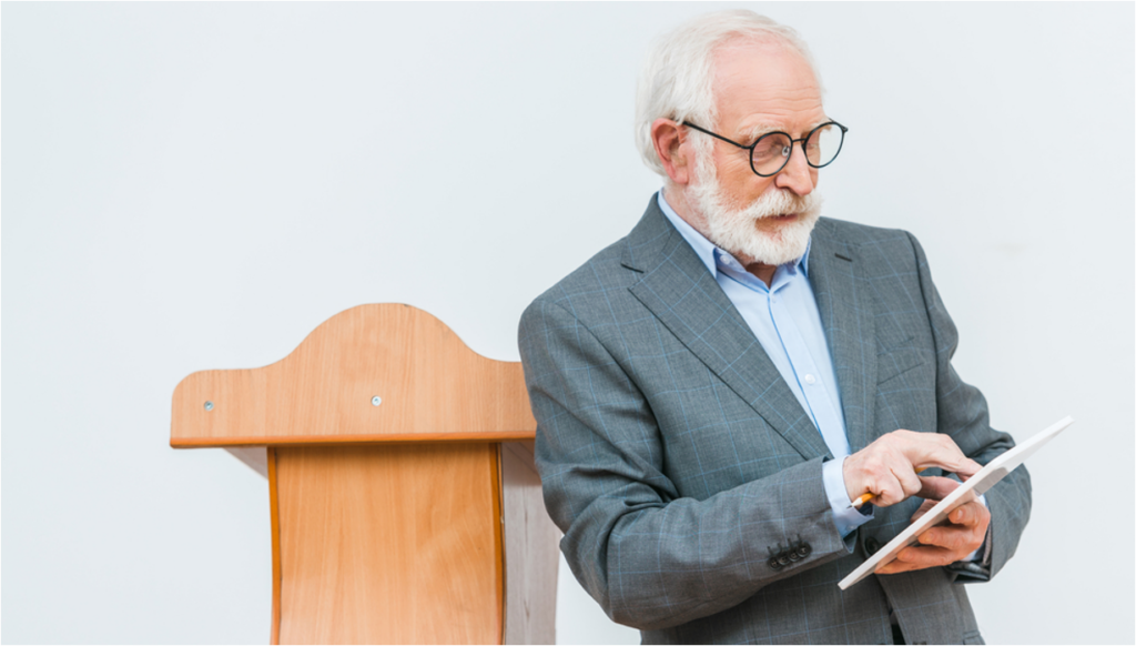 Instructor teaching with tablet