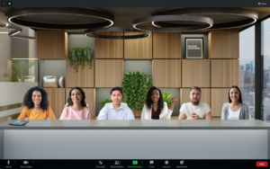 Six students in a Zoom window that looks like a conference room.