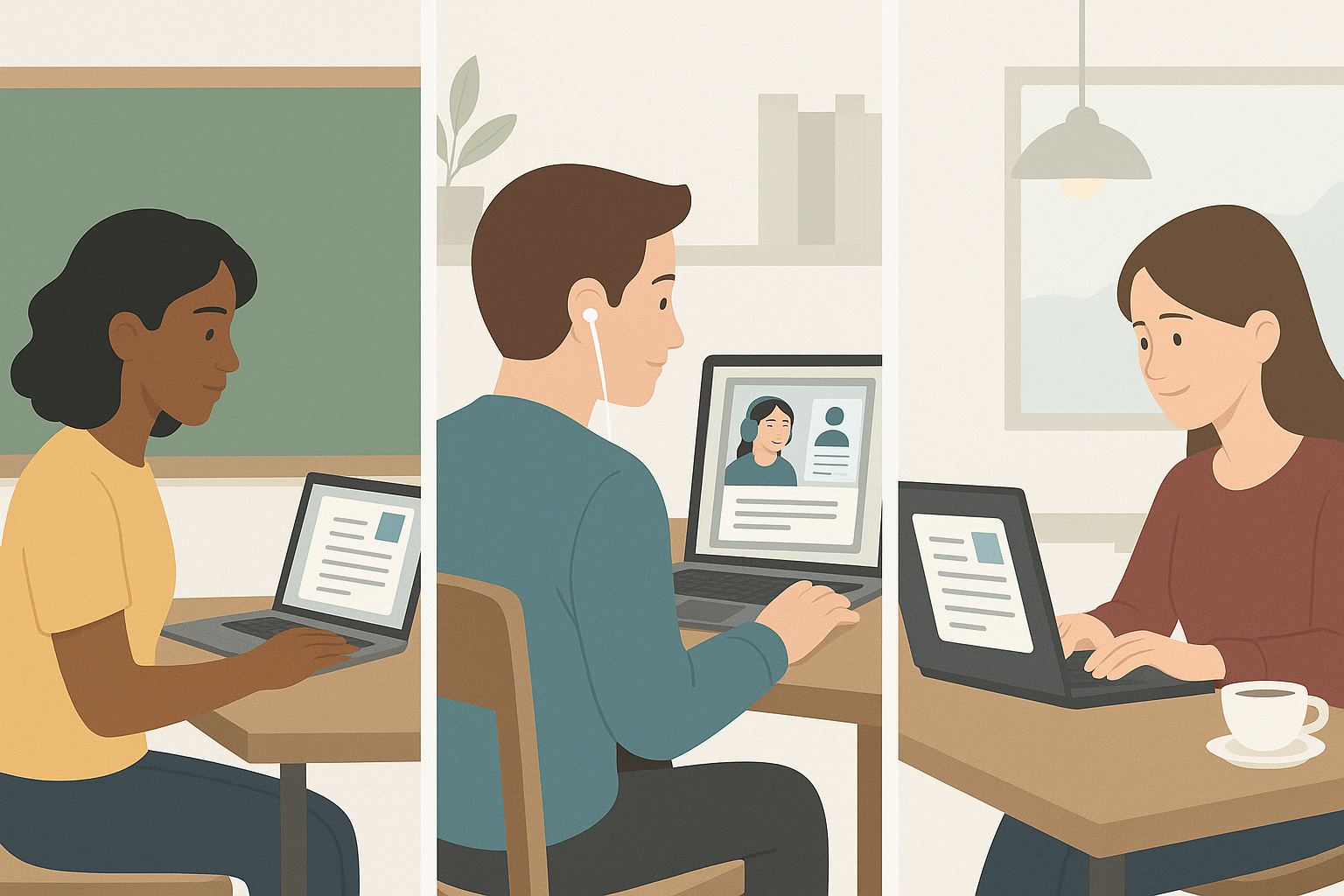 Three students participating in different modes but all using the same content.